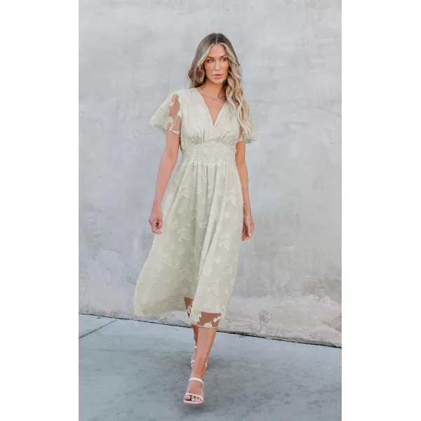 ECOWISH Women Summer Casual Dress  V Neck Flutter Short Sleeve Formal Wedding Guest Cocktail Smocked Midi DressesBeige