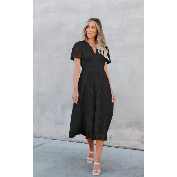 ECOWISH Women Summer Casual Dress  V Neck Flutter Short Sleeve Formal Wedding Guest Cocktail Smocked Midi DressesBlack