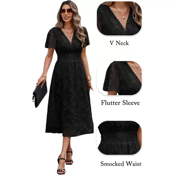 ECOWISH Women Summer Casual Dress  V Neck Flutter Short Sleeve Formal Wedding Guest Cocktail Smocked Midi DressesBlack