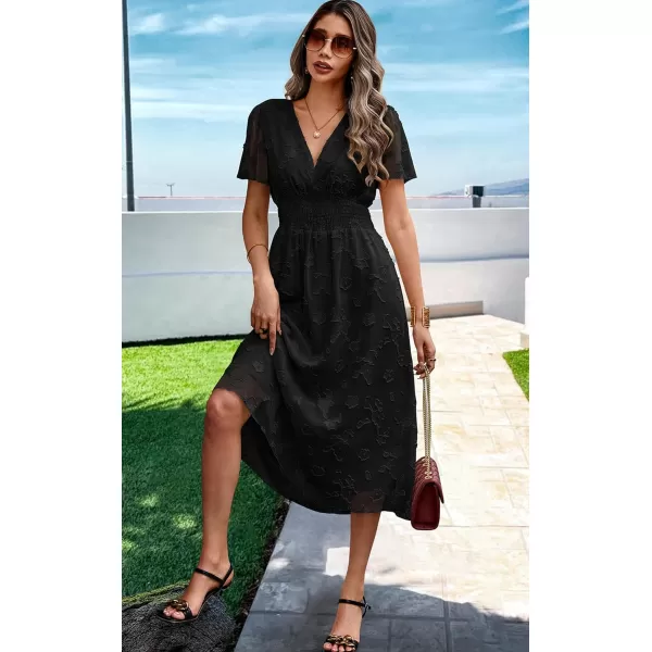 ECOWISH Women Summer Casual Dress  V Neck Flutter Short Sleeve Formal Wedding Guest Cocktail Smocked Midi DressesBlack