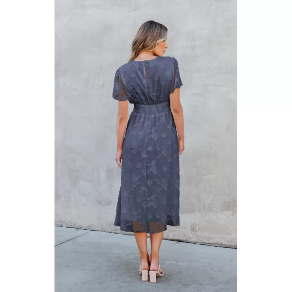 ECOWISH Women Summer Casual Dress  V Neck Flutter Short Sleeve Formal Wedding Guest Cocktail Smocked Midi DressesGray Blue