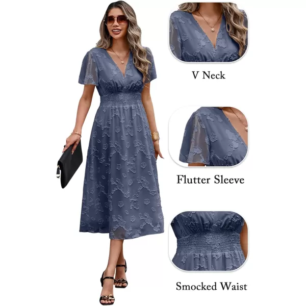 ECOWISH Women Summer Casual Dress  V Neck Flutter Short Sleeve Formal Wedding Guest Cocktail Smocked Midi DressesGray Blue