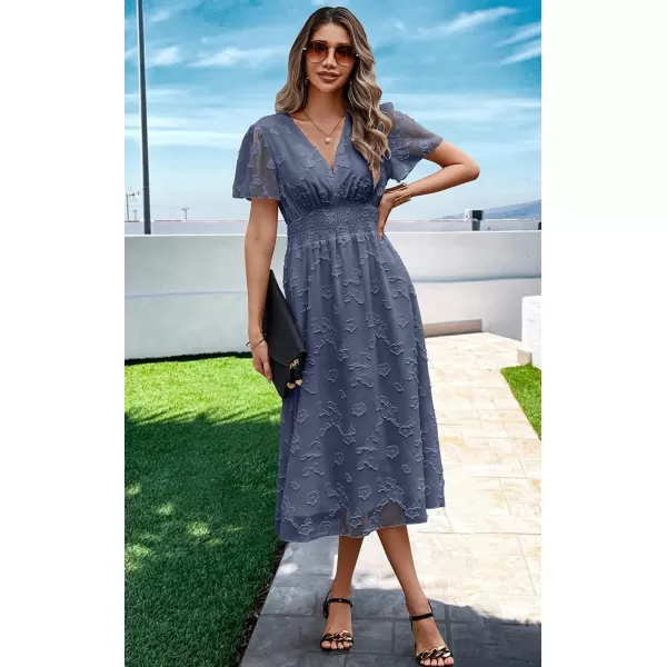 ECOWISH Women Summer Casual Dress  V Neck Flutter Short Sleeve Formal Wedding Guest Cocktail Smocked Midi DressesGray Blue
