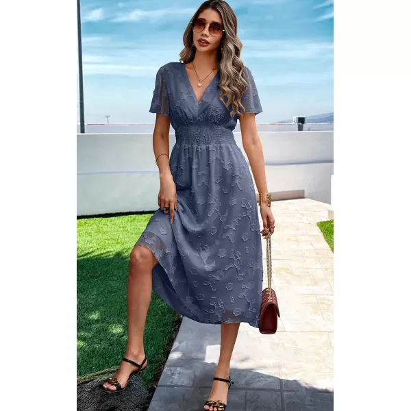 ECOWISH Women Summer Casual Dress  V Neck Flutter Short Sleeve Formal Wedding Guest Cocktail Smocked Midi DressesGray Blue