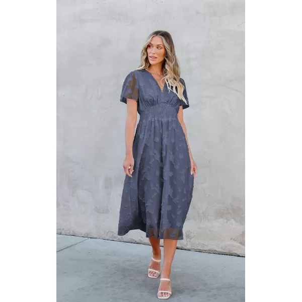 ECOWISH Women Summer Casual Dress  V Neck Flutter Short Sleeve Formal Wedding Guest Cocktail Smocked Midi DressesGray Blue