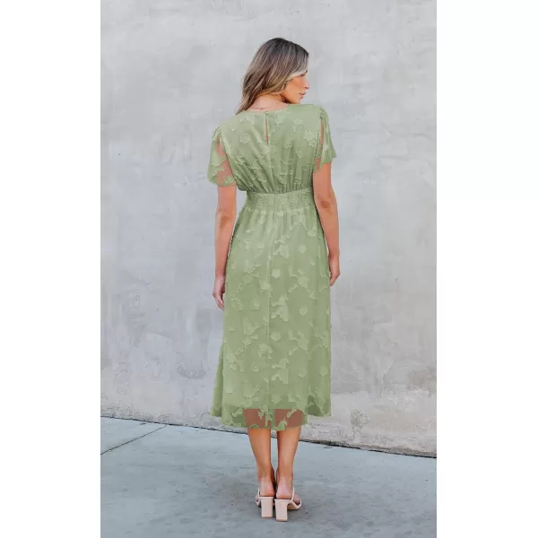 ECOWISH Women Summer Casual Dress  V Neck Flutter Short Sleeve Formal Wedding Guest Cocktail Smocked Midi DressesLight Green