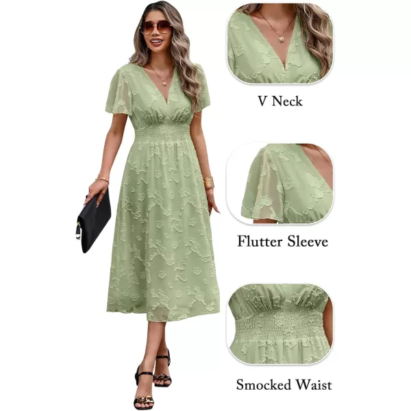 ECOWISH Women Summer Casual Dress  V Neck Flutter Short Sleeve Formal Wedding Guest Cocktail Smocked Midi DressesLight Green