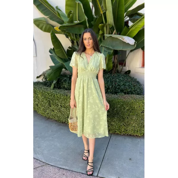 ECOWISH Women Summer Casual Dress  V Neck Flutter Short Sleeve Formal Wedding Guest Cocktail Smocked Midi DressesLight Green