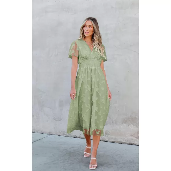 ECOWISH Women Summer Casual Dress  V Neck Flutter Short Sleeve Formal Wedding Guest Cocktail Smocked Midi DressesLight Green