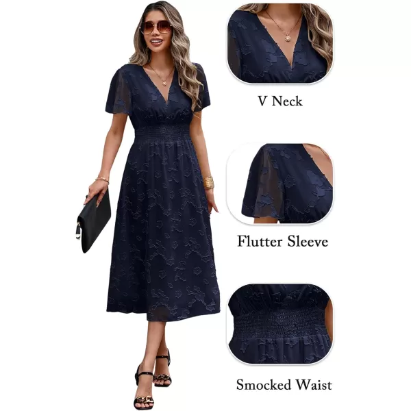 ECOWISH Women Summer Casual Dress  V Neck Flutter Short Sleeve Formal Wedding Guest Cocktail Smocked Midi DressesNavy Blue