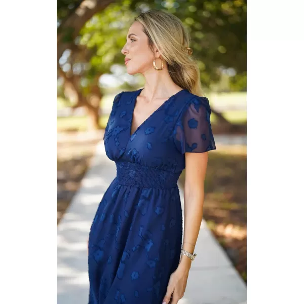 ECOWISH Women Summer Casual Dress  V Neck Flutter Short Sleeve Formal Wedding Guest Cocktail Smocked Midi DressesNavy Blue