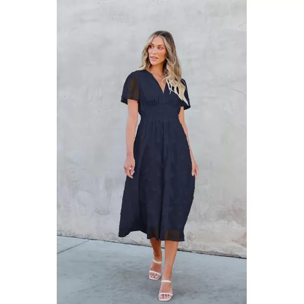 ECOWISH Women Summer Casual Dress  V Neck Flutter Short Sleeve Formal Wedding Guest Cocktail Smocked Midi DressesNavy Blue