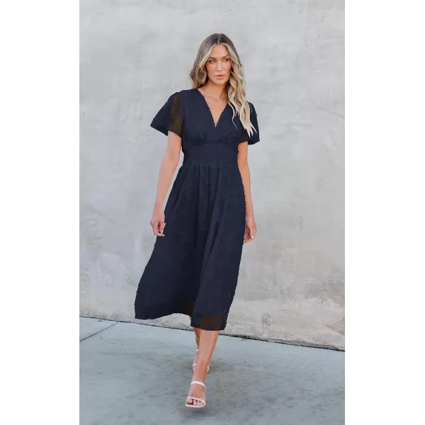 ECOWISH Women Summer Casual Dress  V Neck Flutter Short Sleeve Formal Wedding Guest Cocktail Smocked Midi DressesNavy Blue