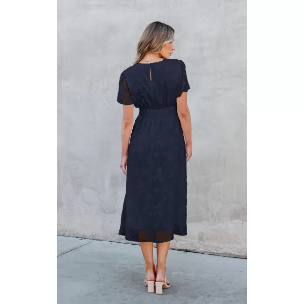 ECOWISH Women Summer Casual Dress  V Neck Flutter Short Sleeve Formal Wedding Guest Cocktail Smocked Midi DressesNavy Blue