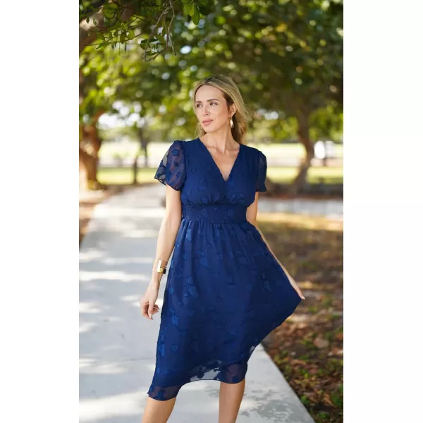 ECOWISH Women Summer Casual Dress  V Neck Flutter Short Sleeve Formal Wedding Guest Cocktail Smocked Midi DressesNavy Blue