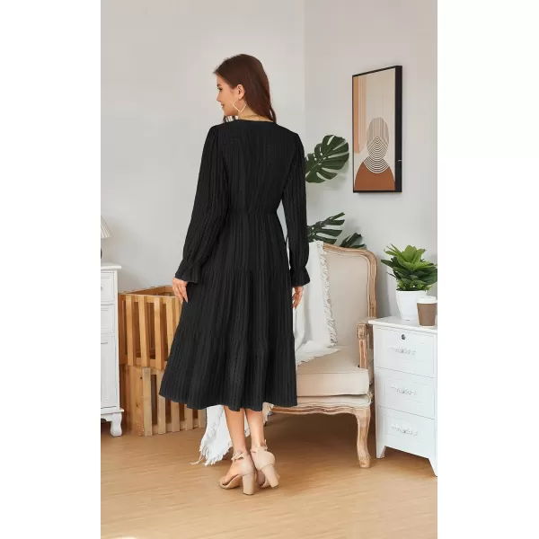 ECOWISH Women Summer Casual Dress  V Neck Short Sleeve Gingham Midi Pleated Tiered Loose Fit Holiday Picnic Dresses428 Black