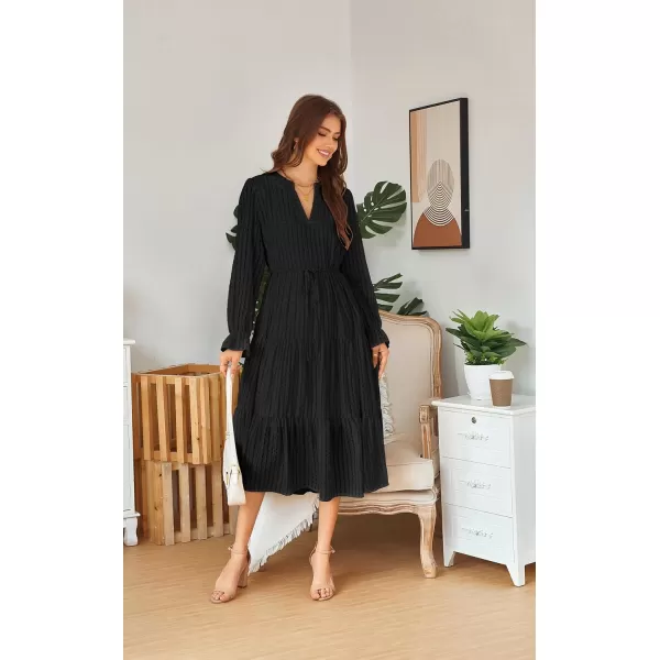 ECOWISH Women Summer Casual Dress  V Neck Short Sleeve Gingham Midi Pleated Tiered Loose Fit Holiday Picnic Dresses428 Black