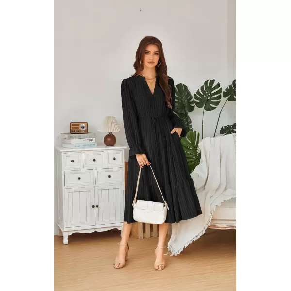 ECOWISH Women Summer Casual Dress  V Neck Short Sleeve Gingham Midi Pleated Tiered Loose Fit Holiday Picnic Dresses428 Black