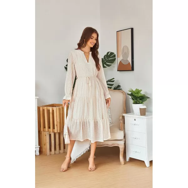 ECOWISH Women Summer Casual Dress  V Neck Short Sleeve Gingham Midi Pleated Tiered Loose Fit Holiday Picnic Dresses428 Champagne