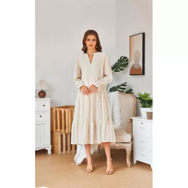 ECOWISH Women Summer Casual Dress  V Neck Short Sleeve Gingham Midi Pleated Tiered Loose Fit Holiday Picnic Dresses428 Champagne