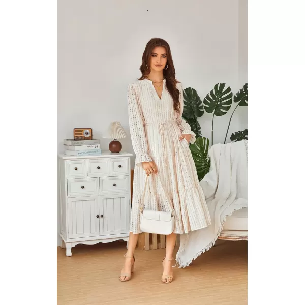 ECOWISH Women Summer Casual Dress  V Neck Short Sleeve Gingham Midi Pleated Tiered Loose Fit Holiday Picnic Dresses428 Champagne