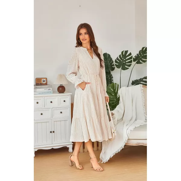 ECOWISH Women Summer Casual Dress  V Neck Short Sleeve Gingham Midi Pleated Tiered Loose Fit Holiday Picnic Dresses428 Champagne