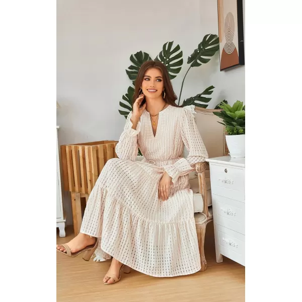 ECOWISH Women Summer Casual Dress  V Neck Short Sleeve Gingham Midi Pleated Tiered Loose Fit Holiday Picnic Dresses428 Champagne