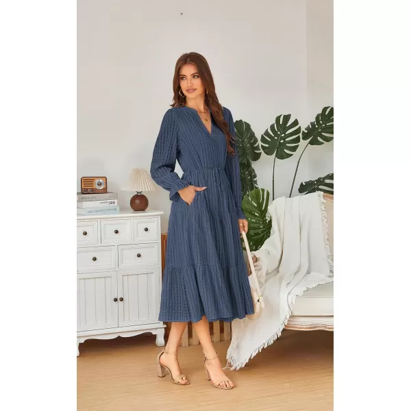 ECOWISH Women Summer Casual Dress  V Neck Short Sleeve Gingham Midi Pleated Tiered Loose Fit Holiday Picnic Dresses428 Navy Blue