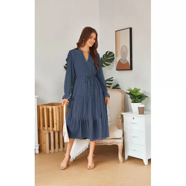 ECOWISH Women Summer Casual Dress  V Neck Short Sleeve Gingham Midi Pleated Tiered Loose Fit Holiday Picnic Dresses428 Navy Blue
