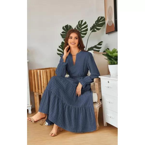 ECOWISH Women Summer Casual Dress  V Neck Short Sleeve Gingham Midi Pleated Tiered Loose Fit Holiday Picnic Dresses428 Navy Blue