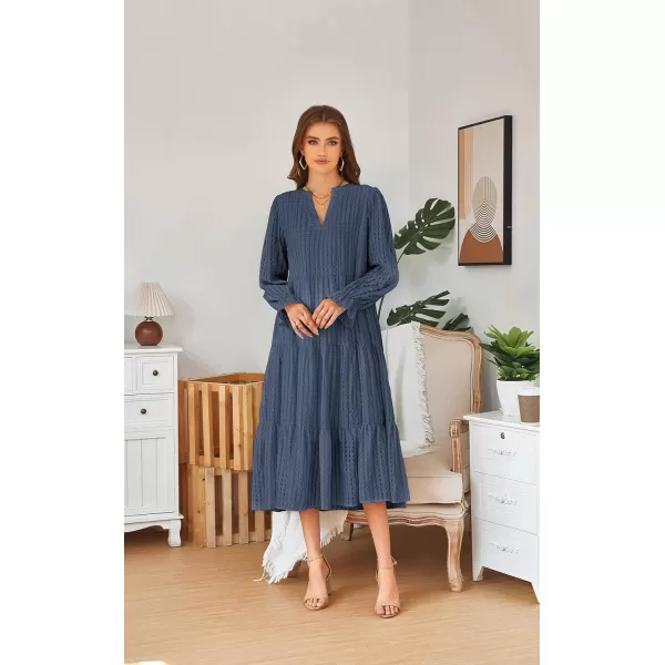 ECOWISH Women Summer Casual Dress  V Neck Short Sleeve Gingham Midi Pleated Tiered Loose Fit Holiday Picnic Dresses428 Navy Blue