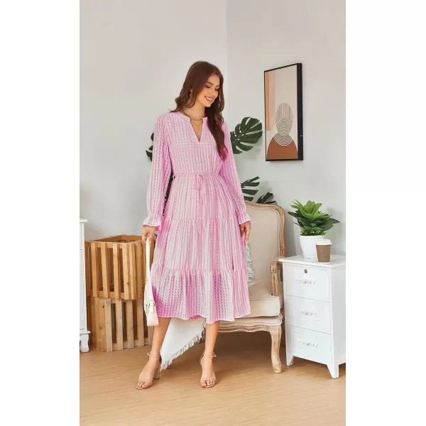 ECOWISH Women Summer Casual Dress  V Neck Short Sleeve Gingham Midi Pleated Tiered Loose Fit Holiday Picnic Dresses428 Pink
