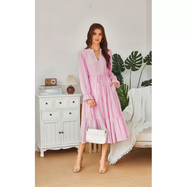 ECOWISH Women Summer Casual Dress  V Neck Short Sleeve Gingham Midi Pleated Tiered Loose Fit Holiday Picnic Dresses428 Pink