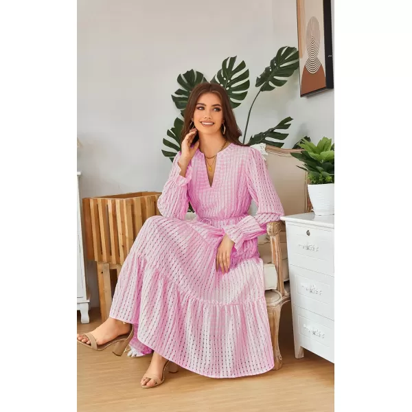 ECOWISH Women Summer Casual Dress  V Neck Short Sleeve Gingham Midi Pleated Tiered Loose Fit Holiday Picnic Dresses428 Pink