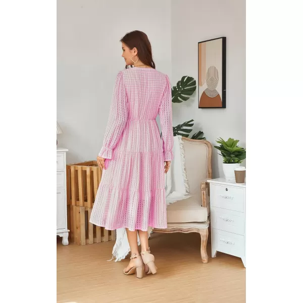 ECOWISH Women Summer Casual Dress  V Neck Short Sleeve Gingham Midi Pleated Tiered Loose Fit Holiday Picnic Dresses428 Pink