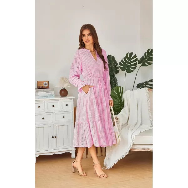 ECOWISH Women Summer Casual Dress  V Neck Short Sleeve Gingham Midi Pleated Tiered Loose Fit Holiday Picnic Dresses428 Pink
