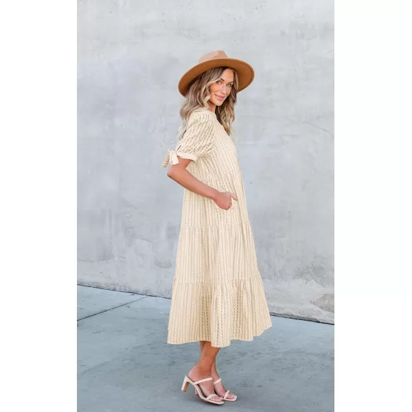 ECOWISH Women Summer Casual Dress  V Neck Short Sleeve Gingham Midi Pleated Tiered Loose Fit Holiday Picnic DressesBeige