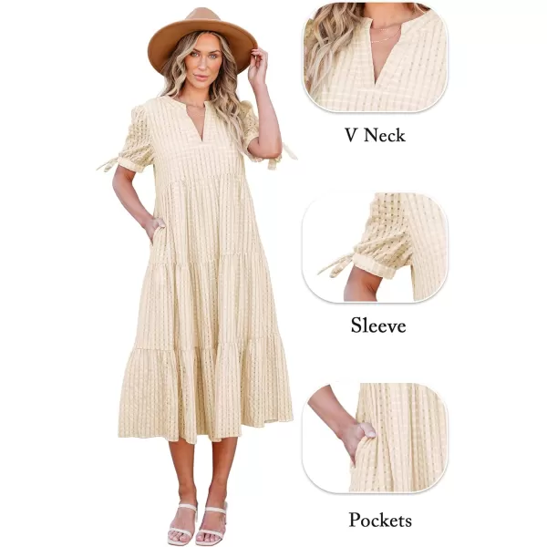 ECOWISH Women Summer Casual Dress  V Neck Short Sleeve Gingham Midi Pleated Tiered Loose Fit Holiday Picnic DressesBeige