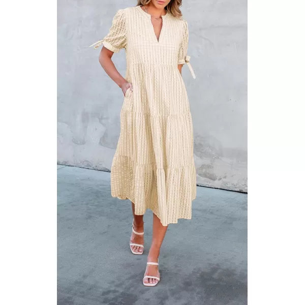 ECOWISH Women Summer Casual Dress  V Neck Short Sleeve Gingham Midi Pleated Tiered Loose Fit Holiday Picnic DressesBeige