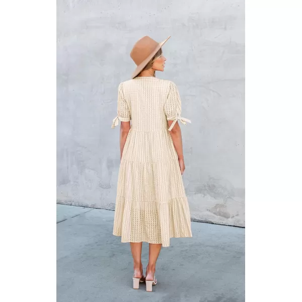 ECOWISH Women Summer Casual Dress  V Neck Short Sleeve Gingham Midi Pleated Tiered Loose Fit Holiday Picnic DressesBeige