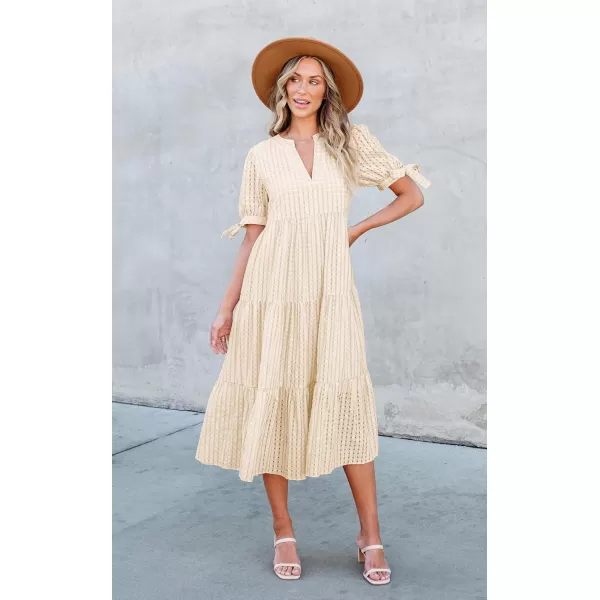 ECOWISH Women Summer Casual Dress  V Neck Short Sleeve Gingham Midi Pleated Tiered Loose Fit Holiday Picnic DressesBeige