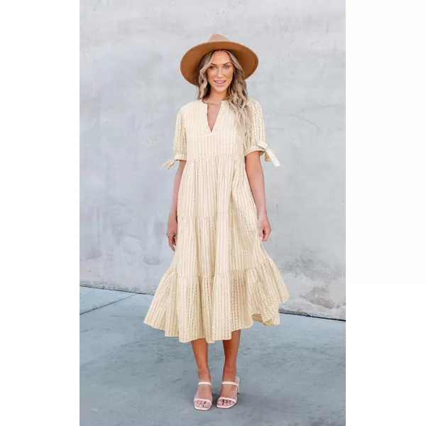 ECOWISH Women Summer Casual Dress  V Neck Short Sleeve Gingham Midi Pleated Tiered Loose Fit Holiday Picnic DressesBeige