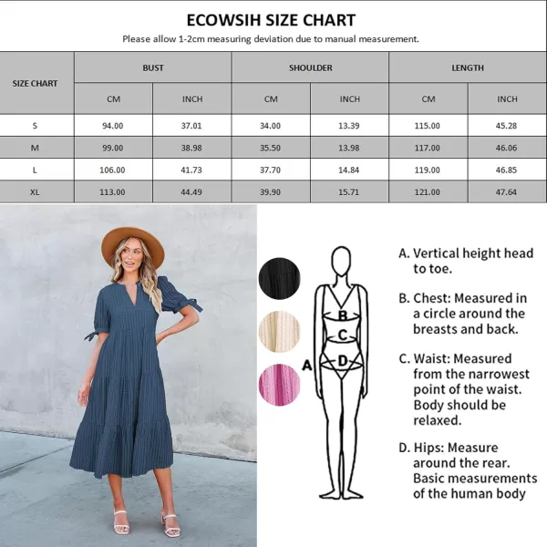 ECOWISH Women Summer Casual Dress  V Neck Short Sleeve Gingham Midi Pleated Tiered Loose Fit Holiday Picnic DressesBlack