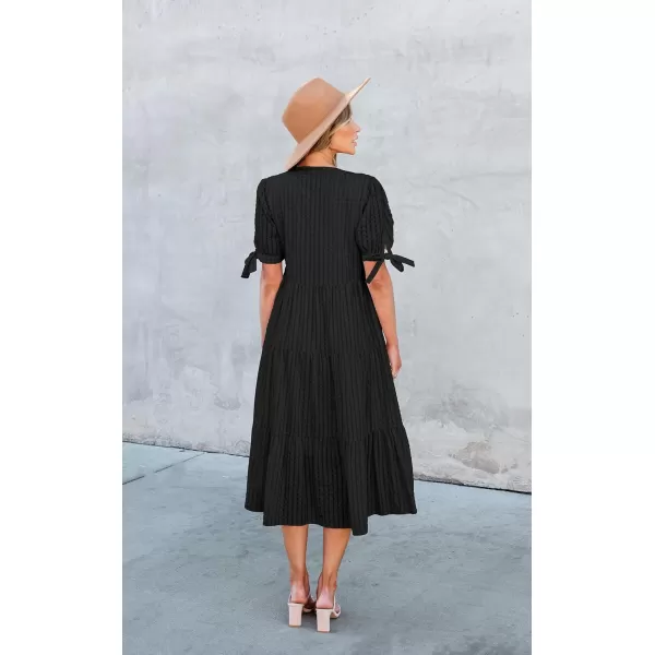 ECOWISH Women Summer Casual Dress  V Neck Short Sleeve Gingham Midi Pleated Tiered Loose Fit Holiday Picnic DressesBlack