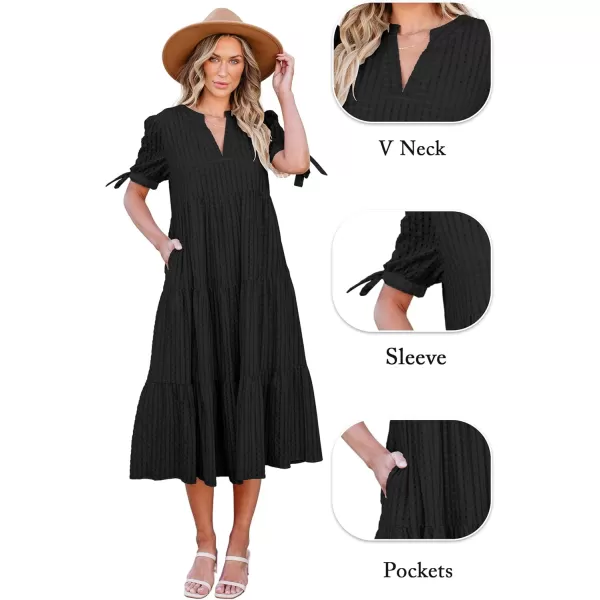 ECOWISH Women Summer Casual Dress  V Neck Short Sleeve Gingham Midi Pleated Tiered Loose Fit Holiday Picnic DressesBlack
