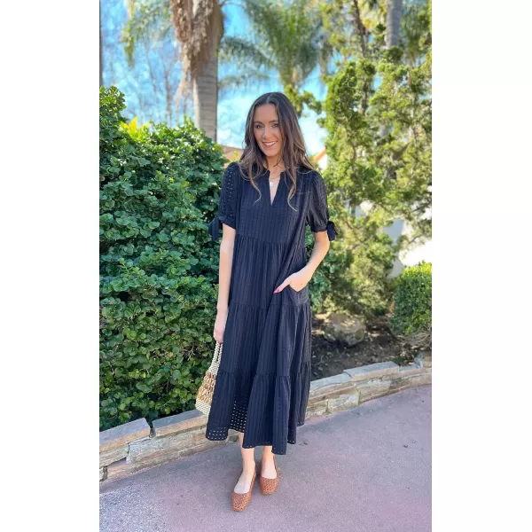 ECOWISH Women Summer Casual Dress  V Neck Short Sleeve Gingham Midi Pleated Tiered Loose Fit Holiday Picnic DressesBlack
