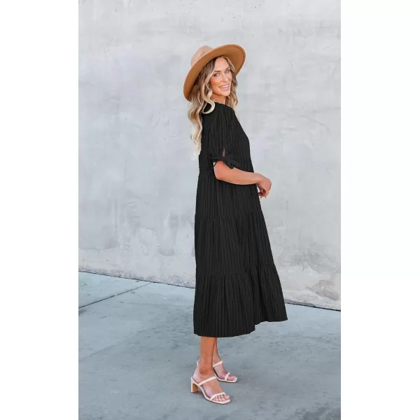 ECOWISH Women Summer Casual Dress  V Neck Short Sleeve Gingham Midi Pleated Tiered Loose Fit Holiday Picnic DressesBlack