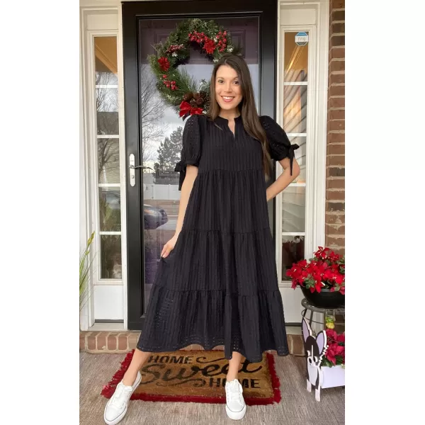 ECOWISH Women Summer Casual Dress  V Neck Short Sleeve Gingham Midi Pleated Tiered Loose Fit Holiday Picnic DressesBlack