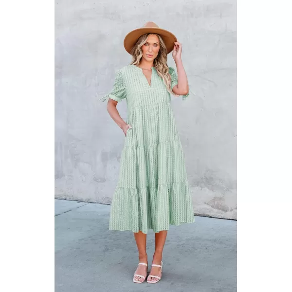 ECOWISH Women Summer Casual Dress  V Neck Short Sleeve Gingham Midi Pleated Tiered Loose Fit Holiday Picnic DressesGreen