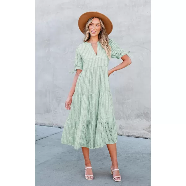 ECOWISH Women Summer Casual Dress  V Neck Short Sleeve Gingham Midi Pleated Tiered Loose Fit Holiday Picnic DressesGreen